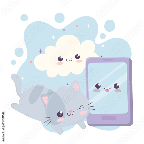 cute little cat with smartphone cloud kawaii cartoon character