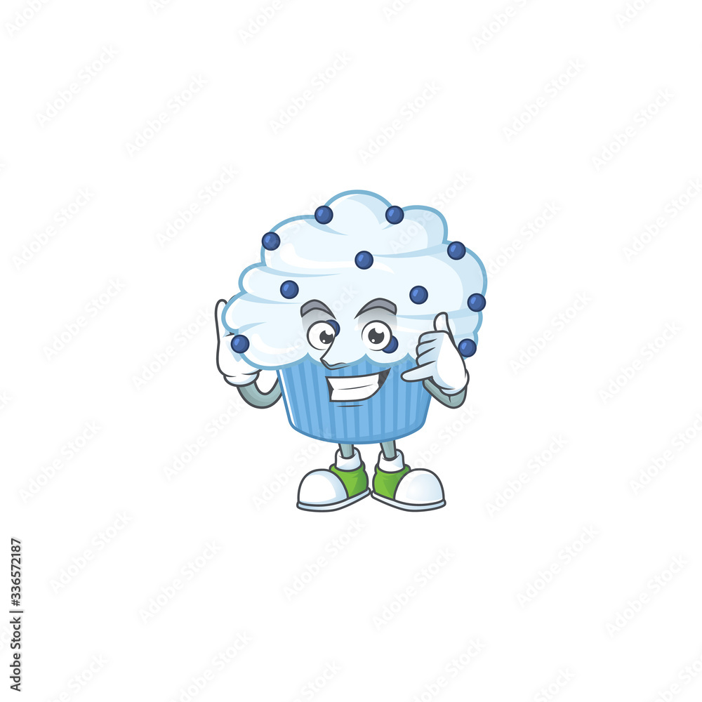 Vanilla blue cupcake mascot cartoon design make a call gesture Vanilla blue cupcake mascot cartoon design make a call gesture