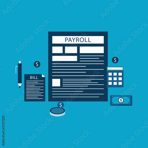 Payroll, invoice sheet flat illustration. Payroll template, calculate salary, budget concepts