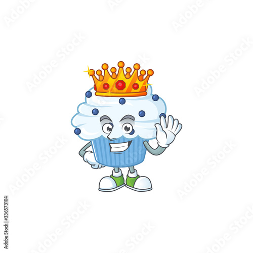The Charismatic King of vanilla blue cupcake cartoon character design wearing gold crown