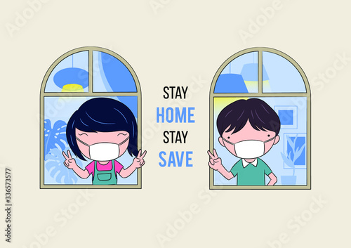 Stay home stay safe you from virus. I stay home for doctor. I wearing mask protect virus. Stop Coronavirus, covid-19, 2019nCov Concept.