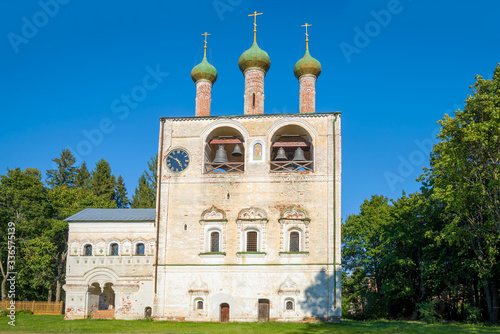 Old belfry of the Rostovsky Borisoglebsky monastery close up on a sunny august afternoon. Yaroslavl region, Russia photo