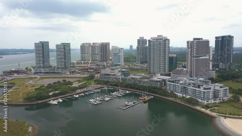4K Aerial view of Modern mix development building near lakeside. Iskandar Puteri, Johor Bahru