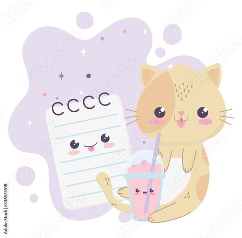 cute cat milkshake and notepad kawaii cartoon character