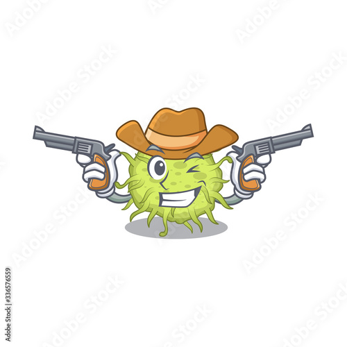 Cute handsome cowboy of bacteria coccus cartoon character with guns