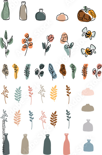 Set with branches, leaves, flowers, bottles, vases and pumpkins. Vector elements for design on an isolated background © Ekaterina