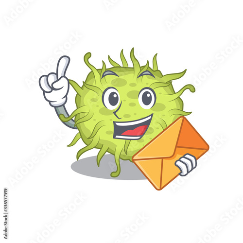 Happy bacteria coccus mascot design concept with brown envelope