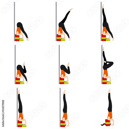 Supported headstand pose sequence yoga asanas set/
Stylized woman practicing sirsasana with blocks for shoulders support