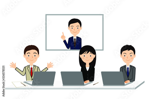 テレビ会議をする人たちのビジネスイラスト