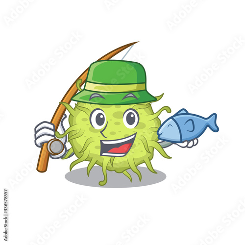 Cartoon design concept of bacteria coccus while fishing