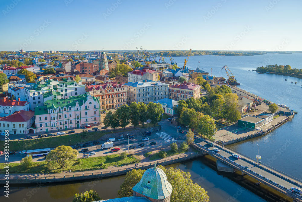 Panoramic view of Vyborg from the tower of St. Olav on October evening. Leningrad region, Russia