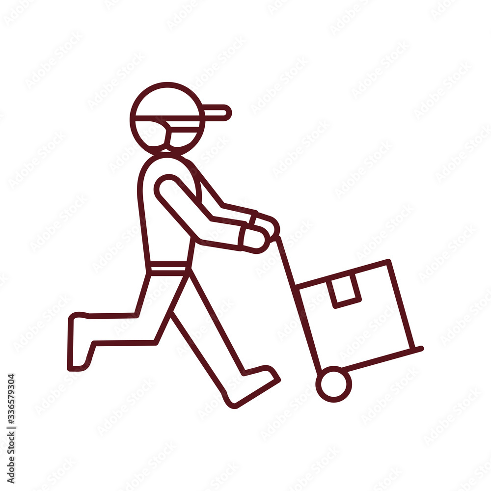 delivery man running with handcart with a box icon, line style delivery man running with handcart with a box icon, line style