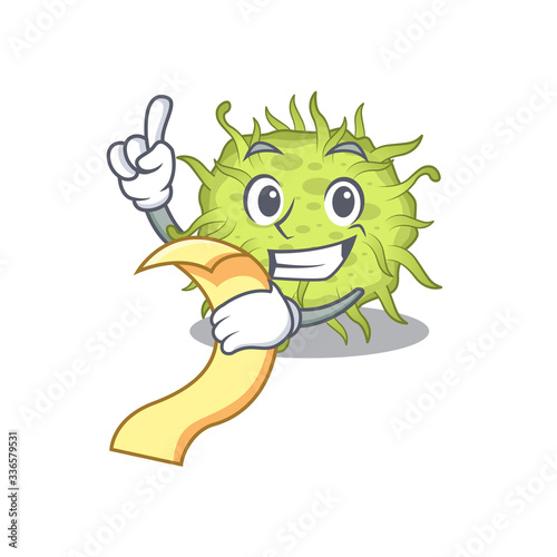 bacteria coccus mascot character design with a menu on his hand