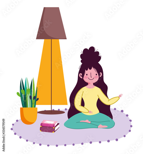 stay at home, young woman with books in floor lotus yoga pose cartoon