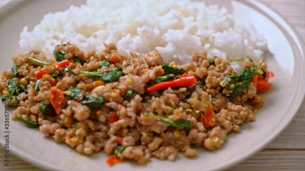 Stir fried Thai basil with minced pork and chilli on topped rice - Thai local food style