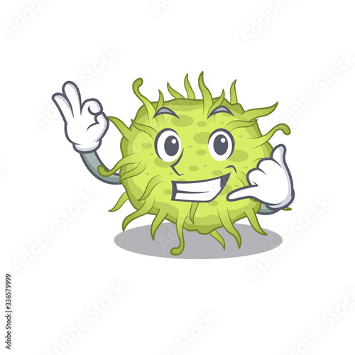 Cartoon design of bacteria coccus with call me funny gesture