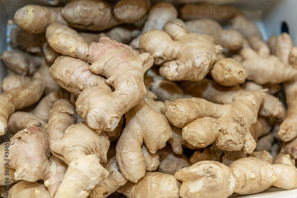 Ginger on the counter in the store. Medication during the coronavirus pandemic. Close-up. Thor view. Background. Ginger on the counter in the store. Medication during the coronavirus pandemic. Close-up. Thor view. Background.