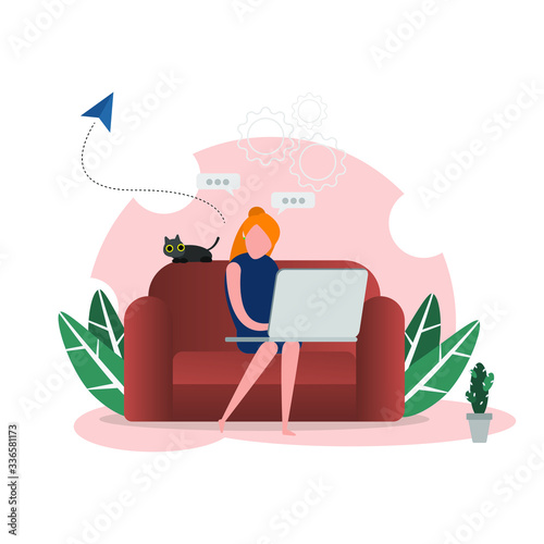 Freelancer  working on laptop at Home office. Remote worker, employee schedule, flexible schedule concept.vector illustration
