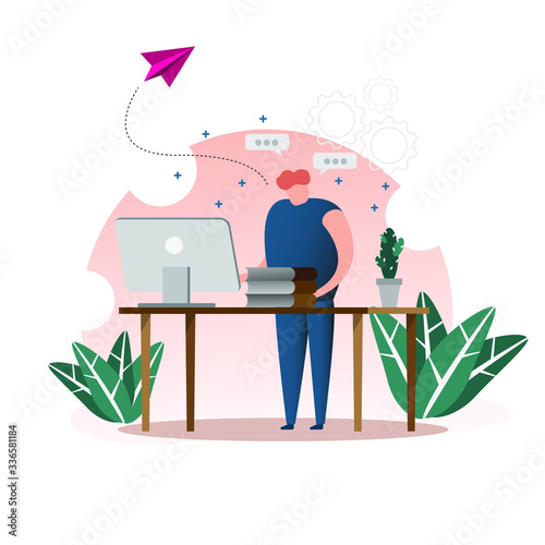 Freelancer  working on laptop at Home office. Remote worker, employee schedule, flexible schedule concept.vector illustration