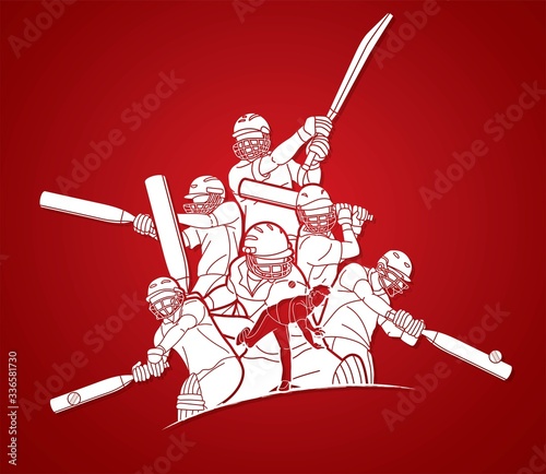 Group of Cricket players action cartoon sport graphic vector.