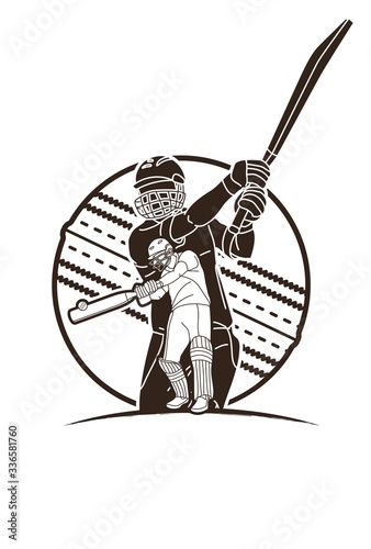 Group of Cricket players action cartoon sport graphic vector.