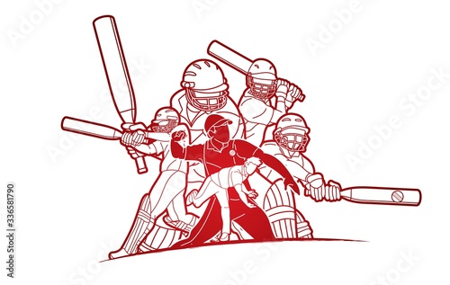 Group of Cricket players action cartoon sport graphic vector.