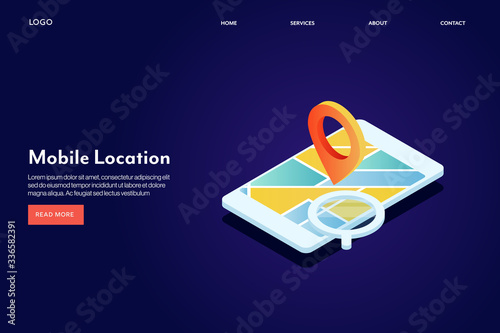 Mobile gps navigation service, smart phone with map pointer, finding location on mobile geo tracking app, isometric internet and technology concept, web banner with text.