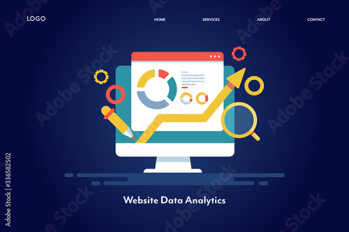 Big data analysis, website traffic increasing, seo data monitoring, business intelligence, kpi data metrics concept. Web banner template, landing page.