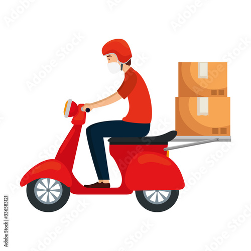 delivery worker using face mask in motorcycle with boxes carton vector illustration design © Gstudio