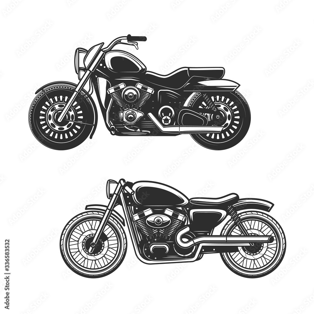 Motorcycle or bike isolated icons of race sport, road vehicle and transportation vector design. Motorbikes, side view of cruiser and bobber with engine cylinders, wheels and tires, gas tanks and seats
