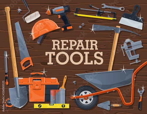 Repair tools of construction, carpentry and building industry. Vector DIY instruments and equipment, spanner, wrench, hard hat and toolbox, paint, brush, roller and spade, drill, trowel and spatula