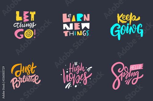 Scandinavian typoraphy lettering phrases set. Colorful vector illustration. Isolated on black background.
