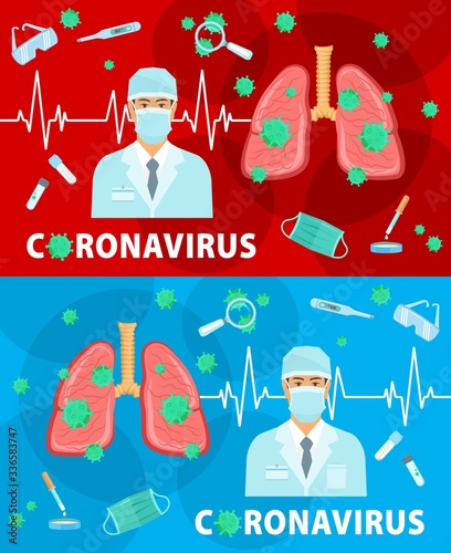 Coronavirus disease and infection epidemic, COVID 19 virus treatment and antiviral prevention, vector posters. Coronavirus tests and treatments, vaccine research and protective medicine