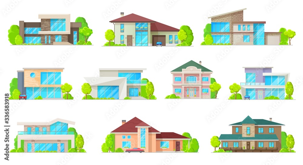 Private houses and hones, reals estate facades vector flat icons. Residential villas and mansion buildings, family houses, cottages, townhouse property, luxury duplex apartments with garage and garden