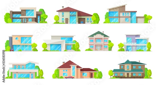 Private houses and hones, reals estate facades vector flat icons. Residential villas and mansion buildings, family houses, cottages, townhouse property, luxury duplex apartments with garage and garden