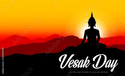 Vesak day or Buddha day, traditional Buddhism religion holiday, vector. Vesak day Buddha statue silhouette in lotus at sunrise hills, Buddhism and Hinduism religion celebration