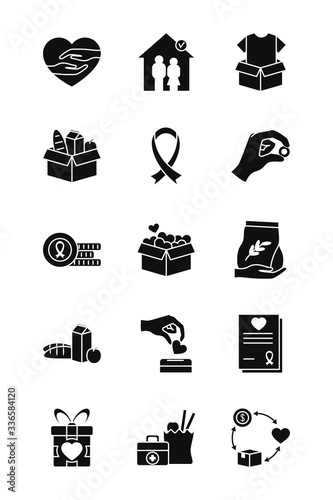 hearts and charity and donation icon set, silhouette style