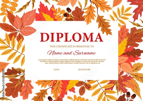 Diploma certificate with autumn leaves, vector template. Kindergarten, college or kid school diploma certificate, graduation and education training lessons achievement award with autumn foliage frame