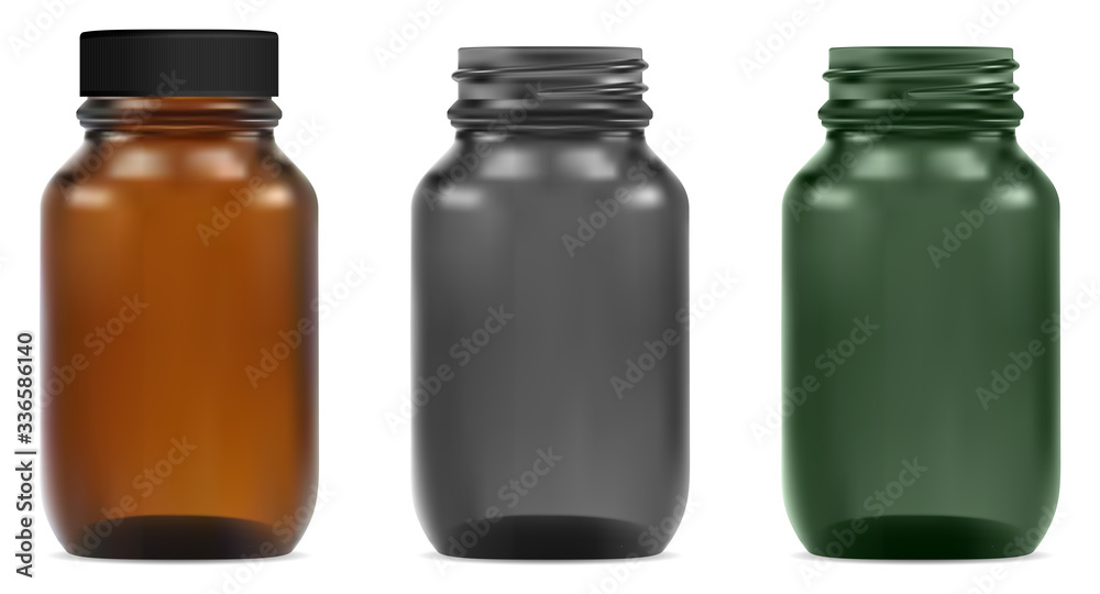 Glass bottle. Medical jar mockup with plastic cap in brown, green and black. Syrup vial transparent blank template isolated on white. Amber pharmacy drug package. 3d vector illustration Glass bottle. Medical jar mockup with plastic cap in brown, green and black. Syrup vial transparent blank template isolated on white. Amber pharmacy drug package. 3d vector illustration