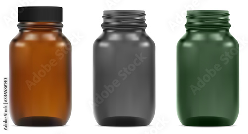 Glass bottle. Medical jar mockup with plastic cap in brown, green and black. Syrup vial transparent blank template isolated on white. Amber pharmacy drug package. 3d vector illustration