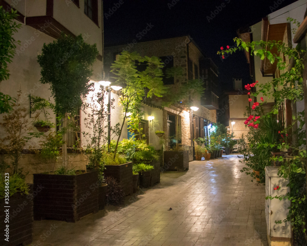 Fototapeta premium Street of old town Kaleici, Antalya Turkey at night time