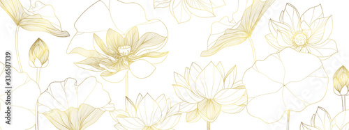 luxury lotus wallpaper design vector, lotus line arts, Golden Lotus flowers patterns design for packaging background, print, packaging, natural cosmetics, health care, invitation, cards.