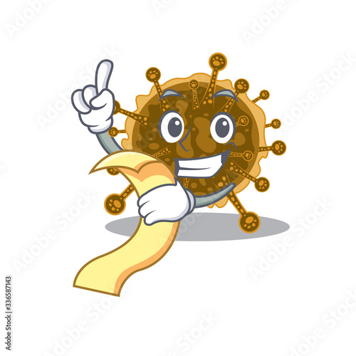 negarnaviricota mascot character design with a menu on his hand