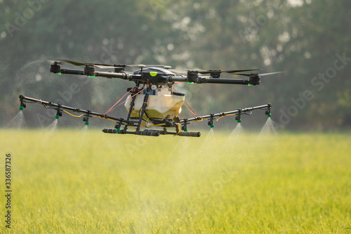 Agriculture drone flying over the rice field to sprayed chemical or fertilizer. Technology for agriculture concept