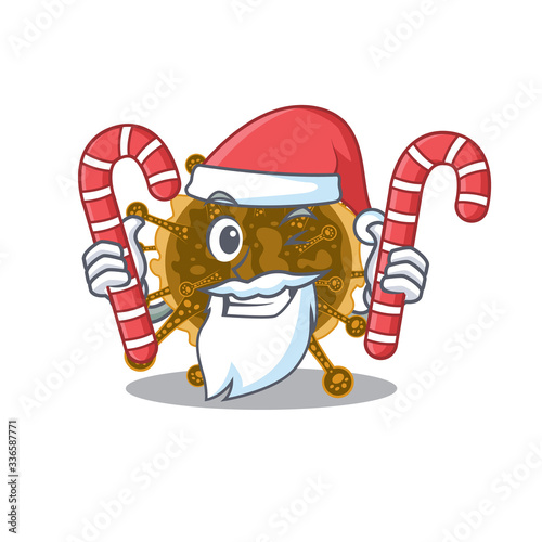 Friendly negarnaviricota in Santa Cartoon character holds Christmas candies