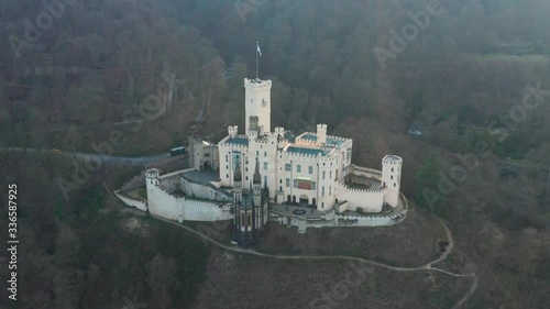 Schloss stolzenfels castle stolzenfels medieval and historic near koblenz in the middle rhine valley Mittelrheintal in Rhineland Palatinate aerial drone approach shot 30p photo