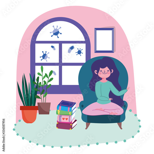 stay at home, young woman in chair with pile of books in the room cartoon