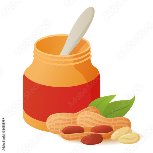 Jar with peanut butter and a knife. Sweet natural food.