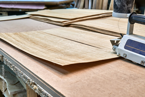 Oak veneer. Oak texture. Veneer splicing process with veneer hand splicer in woodshop