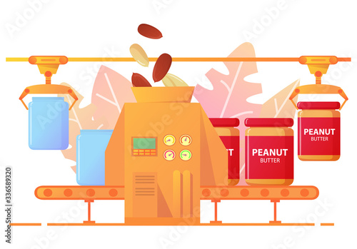 Peanut butter production conveyor line packing in cans.Factory peanut food industry.Flat illustration vector.